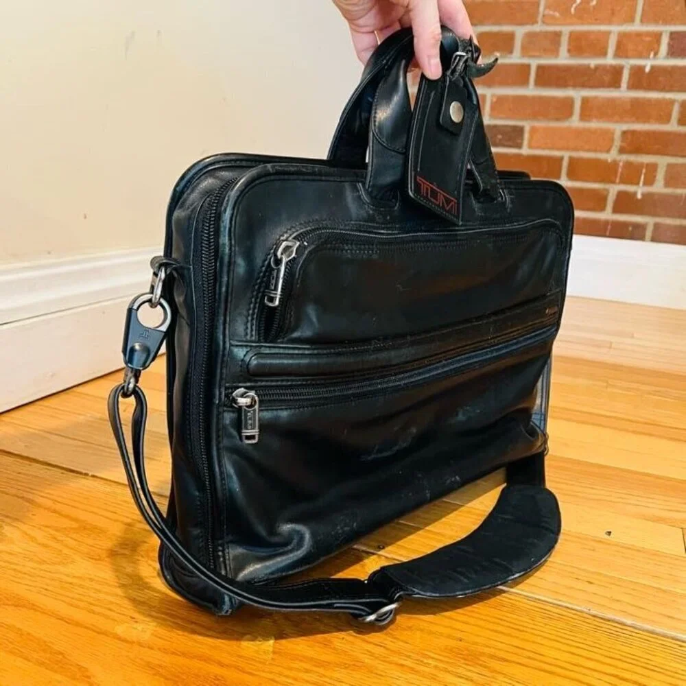 Tumi Black Soft Leather Laptop Bag Briefcase